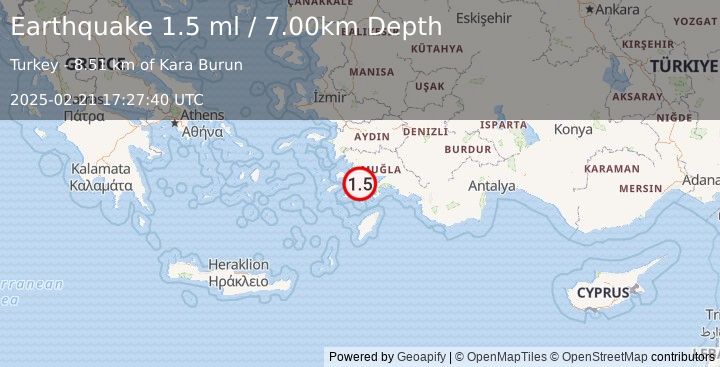 Earthquake DODECANESE IS.-TURKEY BORDER REG (1.5 ml) (2025-02-21 17:27:40 UTC)