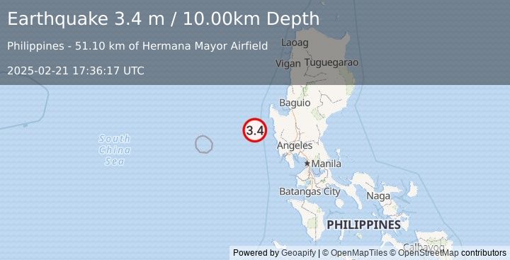 Earthquake LUZON, PHILIPPINES (3.4 m) (2025-02-21 17:36:17 UTC)