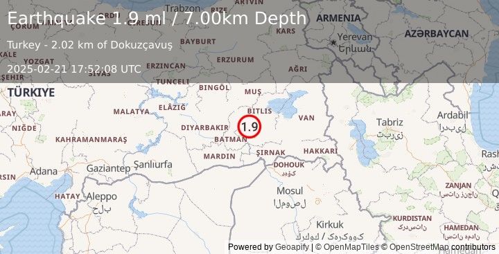 Earthquake EASTERN TURKEY (1.9 ml) (2025-02-21 17:52:08 UTC)