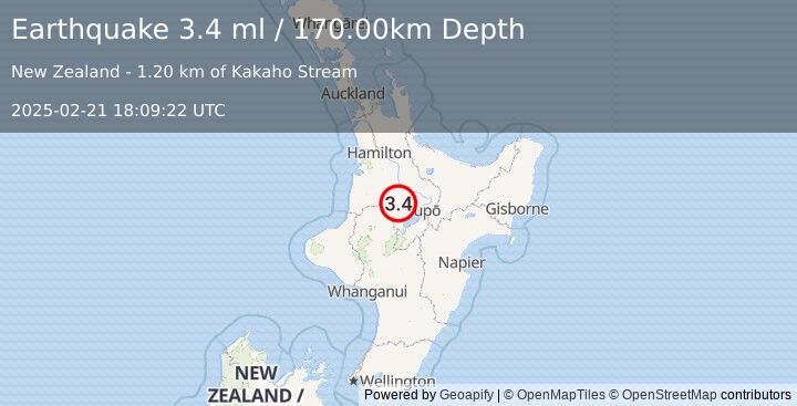 Earthquake NORTH ISLAND OF NEW ZEALAND (3.4 ml) (2025-02-21 18:09:22 UTC)