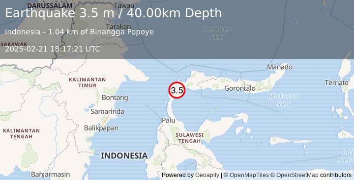 Earthquake MINAHASA, SULAWESI, INDONESIA (3.5 m) (2025-02-21 18:17:21 UTC)