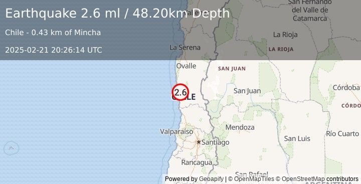 Earthquake COQUIMBO, CHILE (2.6 ml) (2025-02-21 20:26:14 UTC)