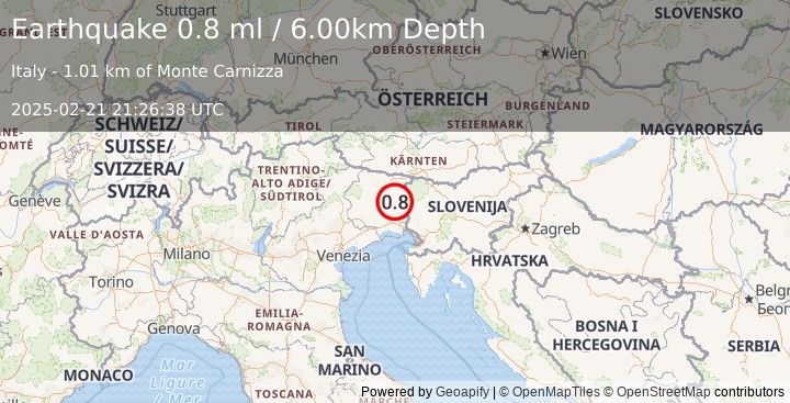 Earthquake NORTHERN ITALY (0.8 ml) (2025-02-21 21:26:38 UTC)