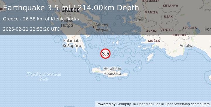 Earthquake SOUTHERN GREECE (3.5 ml) (2025-02-21 22:53:20 UTC)