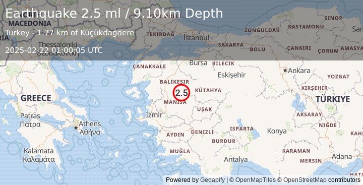 Earthquake WESTERN TURKEY (2.5 ml) (2025-02-22 01:00:05 UTC)