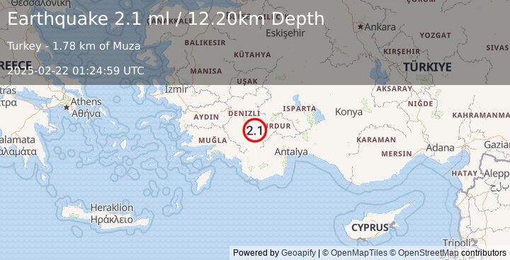 Earthquake WESTERN TURKEY (2.1 ml) (2025-02-22 01:24:59 UTC)