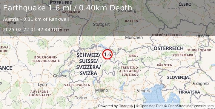 Earthquake AUSTRIA (1.6 ml) (2025-02-22 01:47:44 UTC)