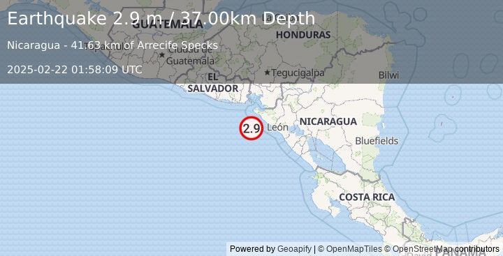 Earthquake NEAR COAST OF NICARAGUA (2.9 m) (2025-02-22 01:58:09 UTC)