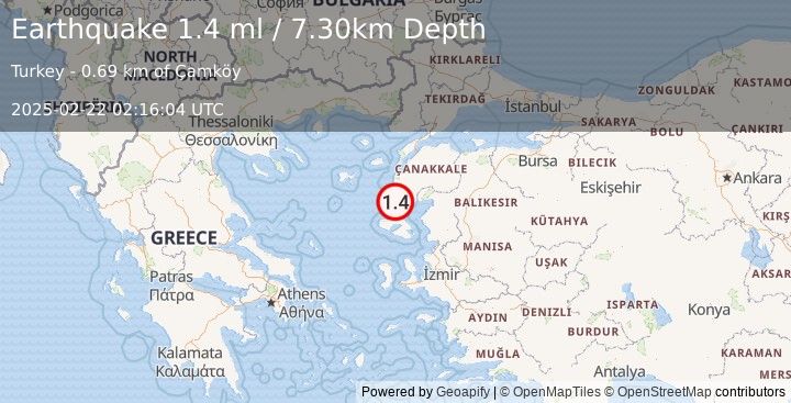 Earthquake NEAR THE COAST OF WESTERN TURKEY (1.4 ml) (2025-02-22 02:16:04 UTC)