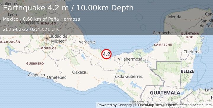 Earthquake OFFSHORE VERACRUZ, MEXICO (4.2 m) (2025-02-22 02:43:21 UTC)