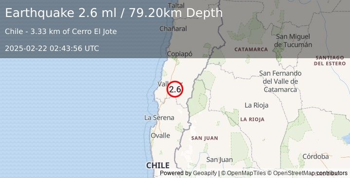 Earthquake ATACAMA, CHILE (2.6 ml) (2025-02-22 02:43:56 UTC)