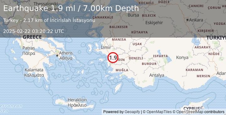 Earthquake WESTERN TURKEY (1.9 ml) (2025-02-22 03:20:22 UTC)