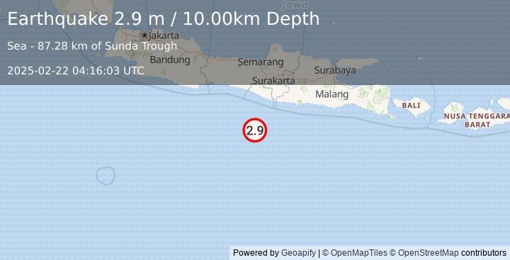 Earthquake SOUTH OF JAVA, INDONESIA (2.9 m) (2025-02-22 04:16:03 UTC)