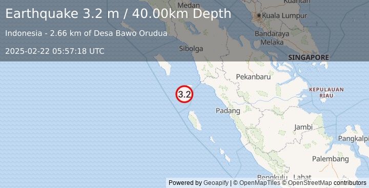 Earthquake KEPULAUAN BATU, INDONESIA (3.2 m) (2025-02-22 05:57:18 UTC)