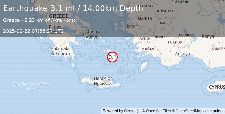 Earthquake DODECANESE ISLANDS, GREECE (3.1 ml) (2025-02-22 07:36:27 UTC)