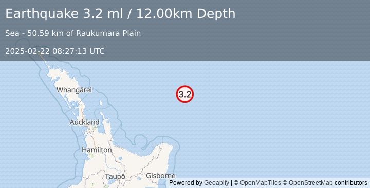 Earthquake OFF E. COAST OF N. ISLAND, N.Z. (3.2 ml) (2025-02-22 08:27:13 UTC)