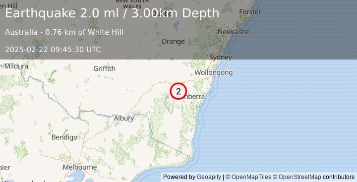 Earthquake NEAR S.E. COAST OF AUSTRALIA (2.0 ml) (2025-02-22 09:45:30 UTC)