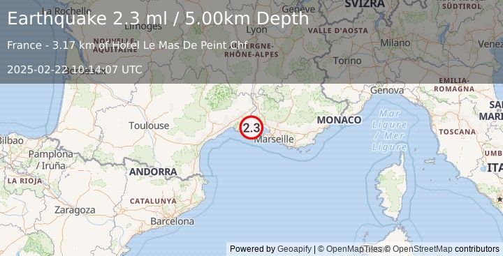 Earthquake NEAR SOUTH COAST OF FRANCE (2.3 ml) (2025-02-22 10:14:07 UTC)