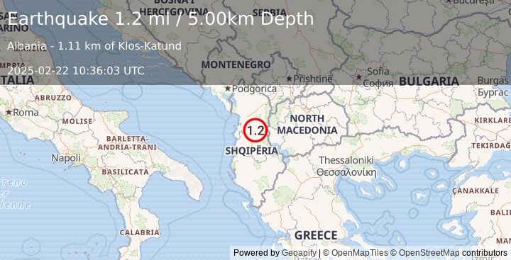 Earthquake ALBANIA (1.2 ml) (2025-02-22 10:36:03 UTC)