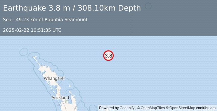 Earthquake SOUTH OF KERMADEC ISLANDS (3.8 m) (2025-02-22 10:51:35 UTC)