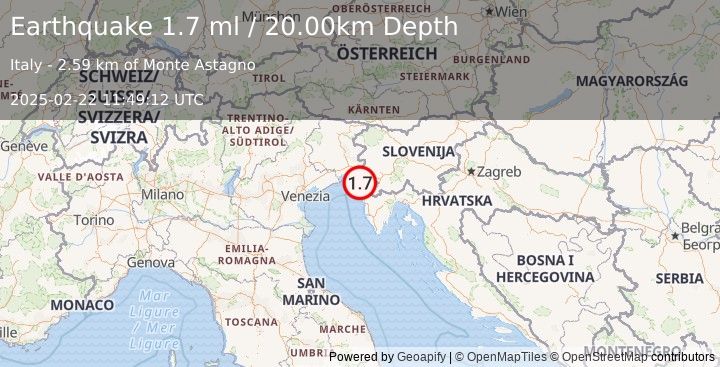 Earthquake NORTHERN ITALY (1.7 ml) (2025-02-22 11:49:12 UTC)