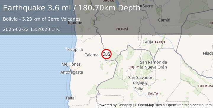 Earthquake POTOSI, BOLIVIA (3.6 ml) (2025-02-22 13:20:21 UTC)