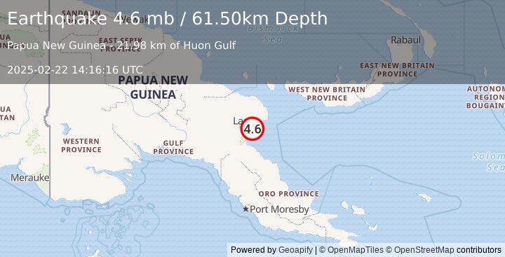 Earthquake EASTERN NEW GUINEA REG., P.N.G. (4.6 mb) (2025-02-22 14:16:16 UTC)