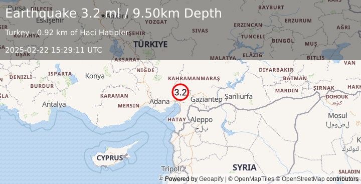 Earthquake CENTRAL TURKEY (3.2 ml) (2025-02-22 15:29:11 UTC)