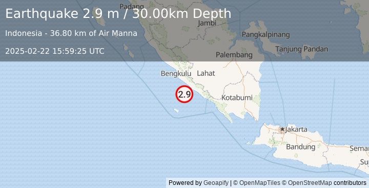 Earthquake SOUTHERN SUMATRA, INDONESIA (2.9 m) (2025-02-22 15:59:25 UTC)