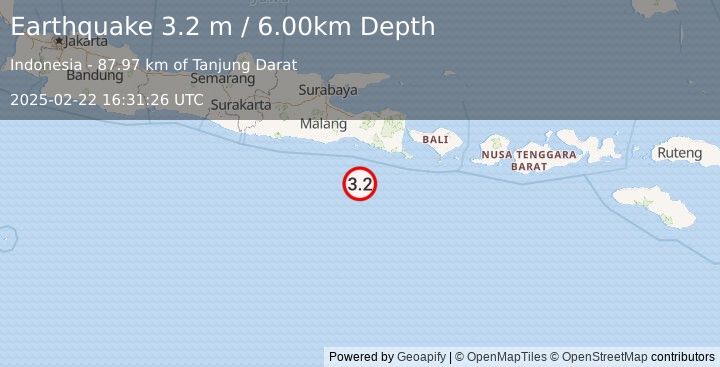 Earthquake SOUTH OF JAVA, INDONESIA (3.2 m) (2025-02-22 16:31:26 UTC)