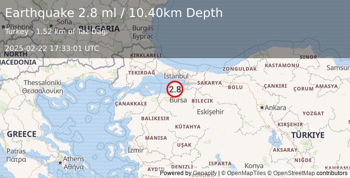 Earthquake WESTERN TURKEY (2.8 ml) (2025-02-22 17:33:01 UTC)