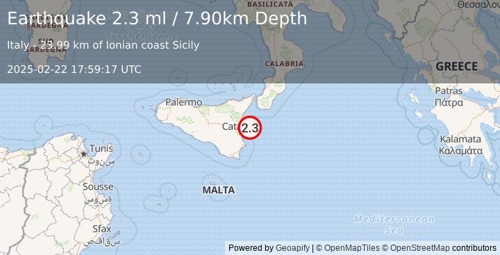 Earthquake SICILY, ITALY (2.3 ml) (2025-02-22 17:59:17 UTC)