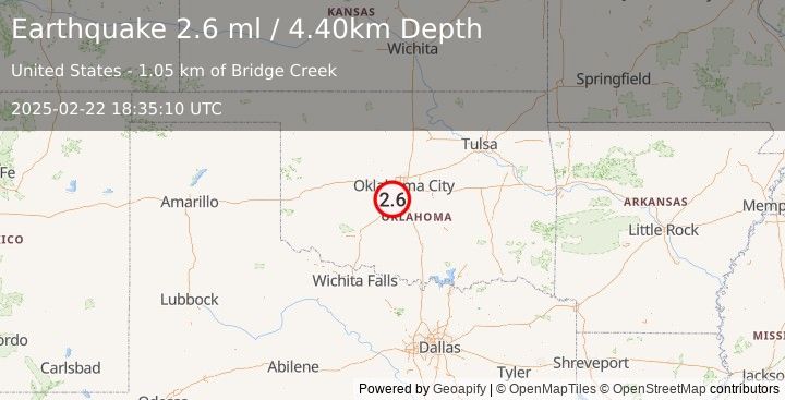 Earthquake OKLAHOMA (2.6 ml) (2025-02-22 18:35:10 UTC)