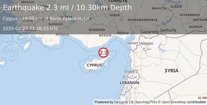 Earthquake CYPRUS REGION (2.3 ml) (2025-02-22 21:26:23 UTC)