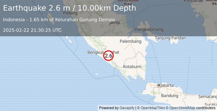 Earthquake SOUTHERN SUMATRA, INDONESIA (2.6 m) (2025-02-22 21:30:25 UTC)