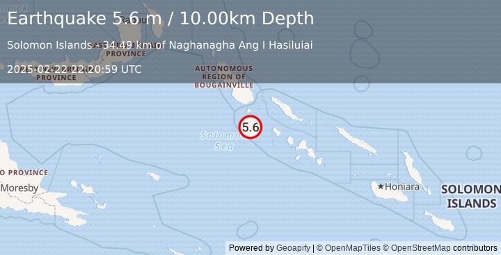 Earthquake SOLOMON ISLANDS (5.5 m) (2025-02-22 22:21:02 UTC)