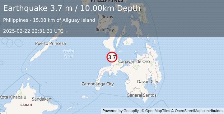 Earthquake MINDANAO, PHILIPPINES (3.7 m) (2025-02-22 22:31:31 UTC)