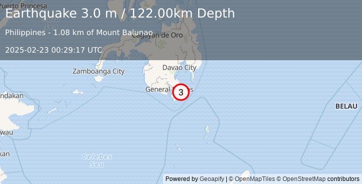 Earthquake MINDANAO, PHILIPPINES (3.0 m) (2025-02-23 00:29:17 UTC)