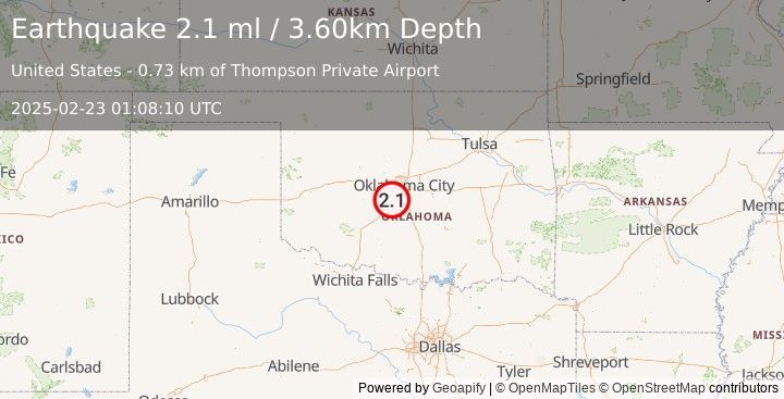 Earthquake OKLAHOMA (2.1 ml) (2025-02-23 01:08:10 UTC)