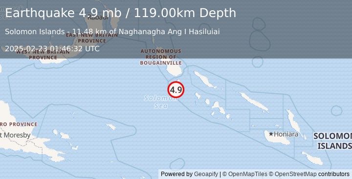 Earthquake SOLOMON ISLANDS (4.9 mb) (2025-02-23 01:46:32 UTC)