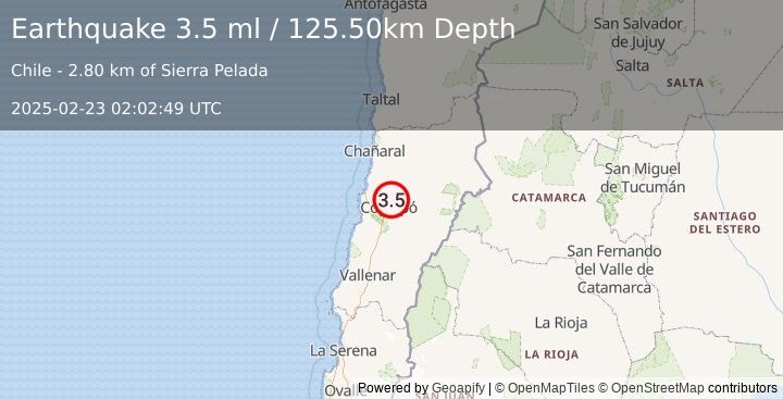 Earthquake ATACAMA, CHILE (3.7 ml) (2025-02-23 02:02:52 UTC)