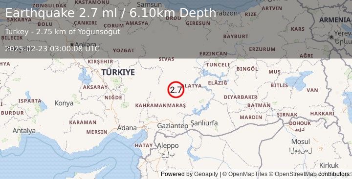 Earthquake CENTRAL TURKEY (2.7 ml) (2025-02-23 03:00:08 UTC)