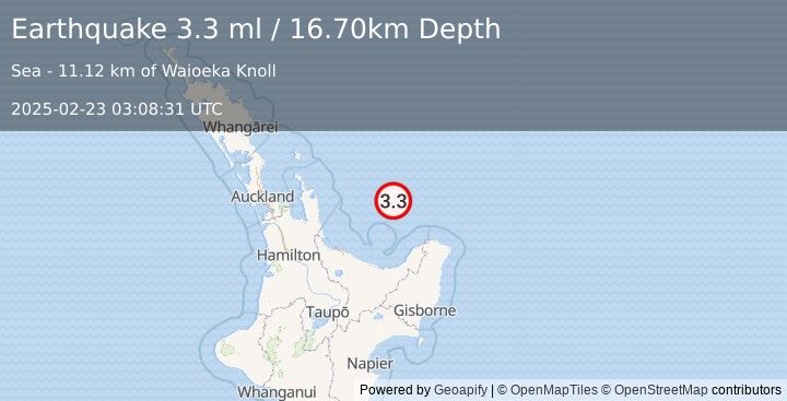 Earthquake OFF E. COAST OF N. ISLAND, N.Z. (3.3 ml) (2025-02-23 03:08:31 UTC)