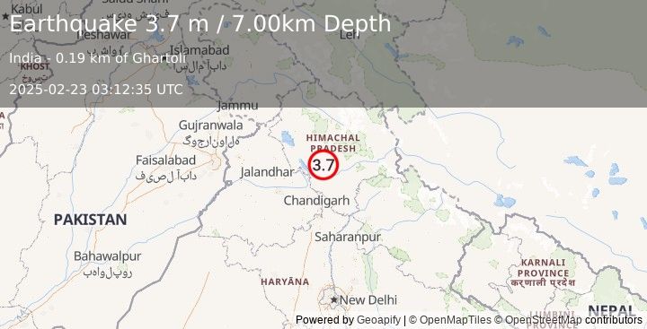 Earthquake PUNJAB-HIMACHAL PRADESH, INDIA (3.7 m) (2025-02-23 03:12:35 UTC)