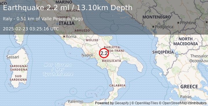 Earthquake SOUTHERN ITALY (2.2 ml) (2025-02-23 03:25:16 UTC)