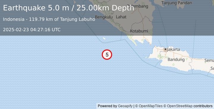 Earthquake SOUTHWEST OF SUMATRA, INDONESIA (5.1 mb) (2025-02-23 04:27:13 UTC)