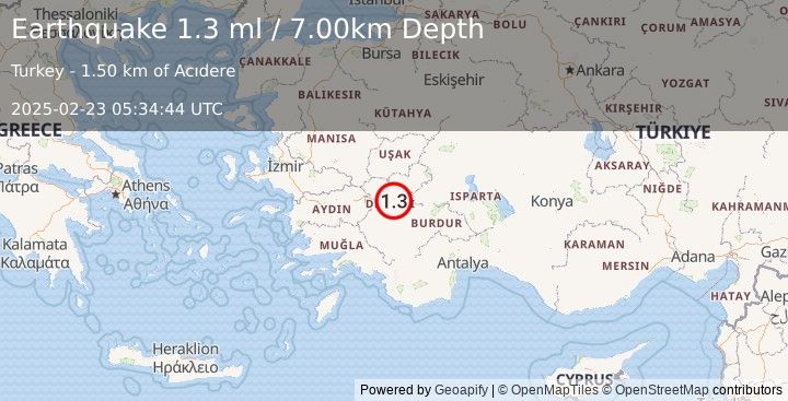 Earthquake WESTERN TURKEY (1.3 ml) (2025-02-23 05:34:44 UTC)