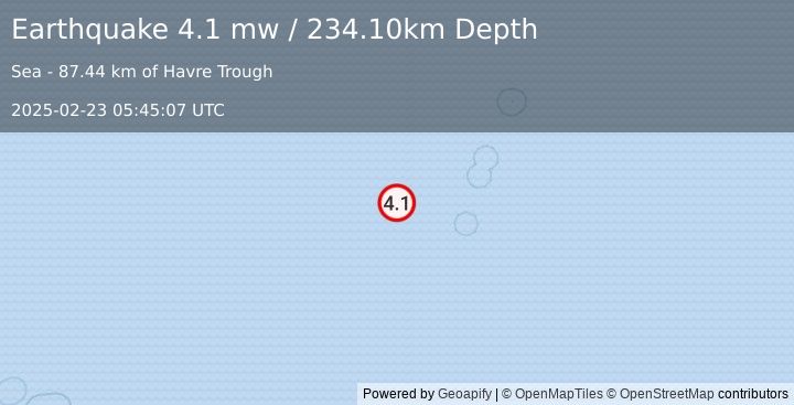 Earthquake KERMADEC ISLANDS REGION (4.1 mw) (2025-02-23 05:45:07 UTC)