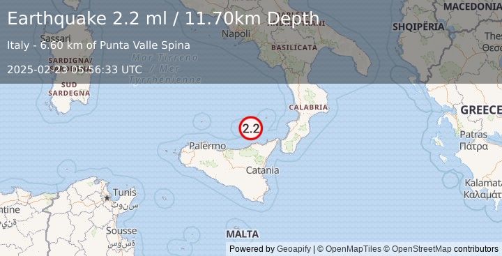 Earthquake SICILY, ITALY (2.2 ml) (2025-02-23 05:56:33 UTC)