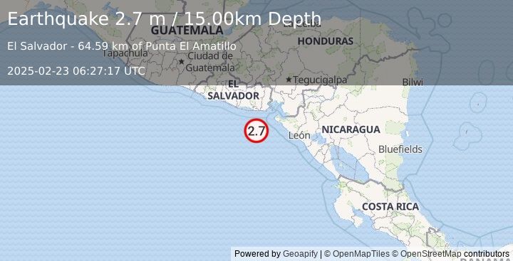 Earthquake OFFSHORE EL SALVADOR (2.7 m) (2025-02-23 06:27:17 UTC)